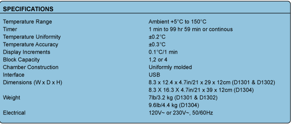 AccuBlock Digital Dry Baths Specifications